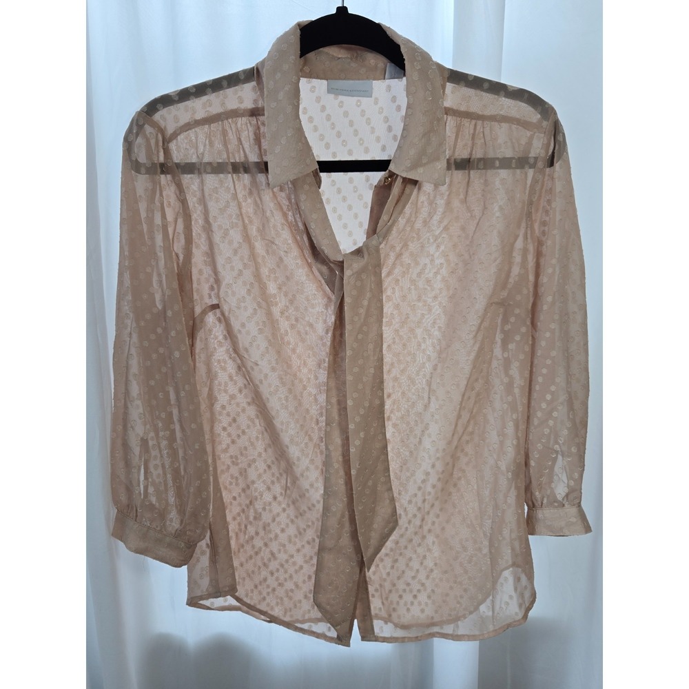 Sheer Swiss Dot Blouse M Neutral‎ Tie Neck Top Removable Bow Minimalist Chic